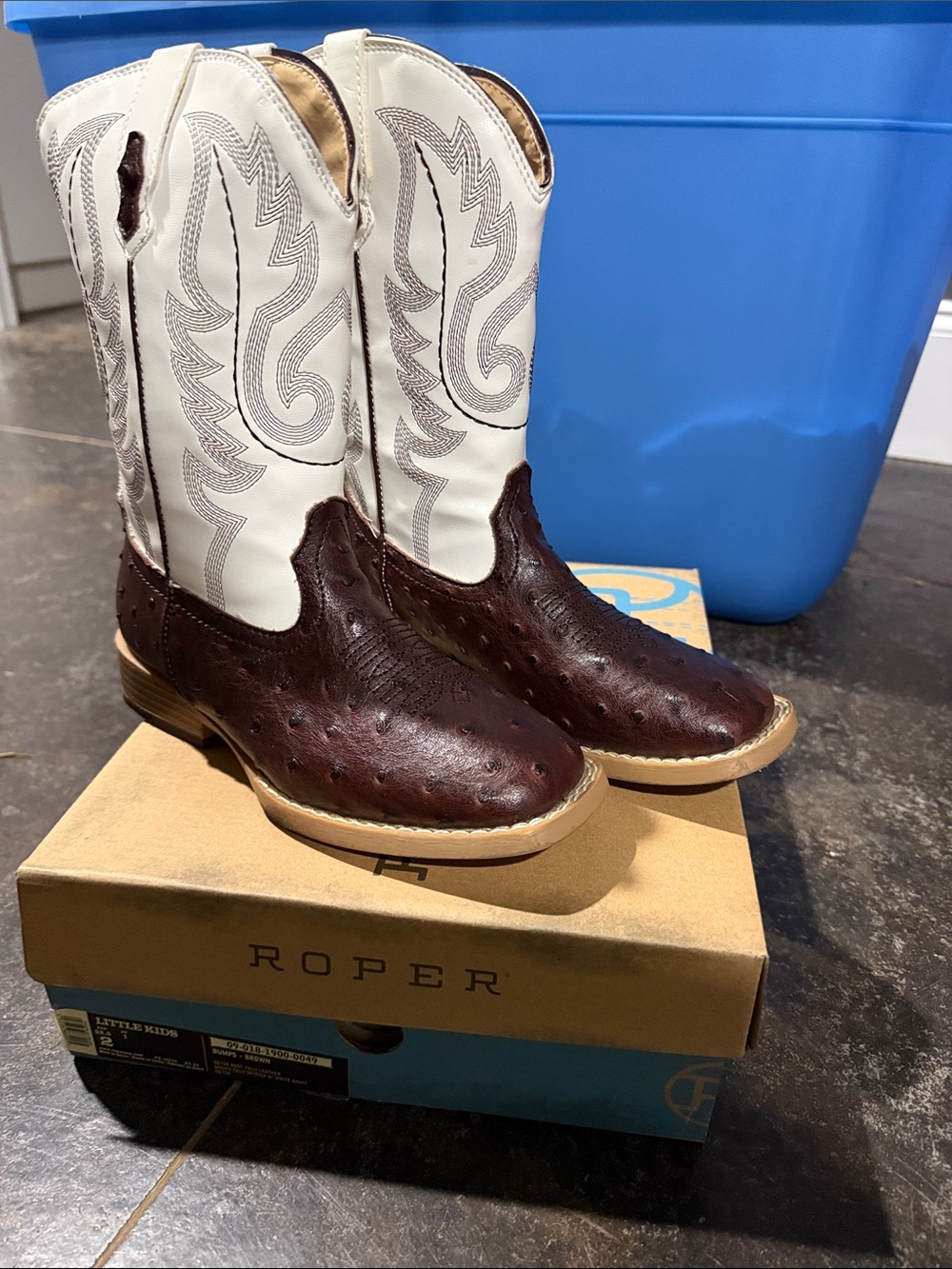 Roper Kid’s Brown Ostrich Foot White Embroidered Shaft Western Boots